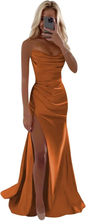 SOLODISH Satin Prom Dresses for Women Strapless Mermaid Cowl Neck Formal Evening Party Gown