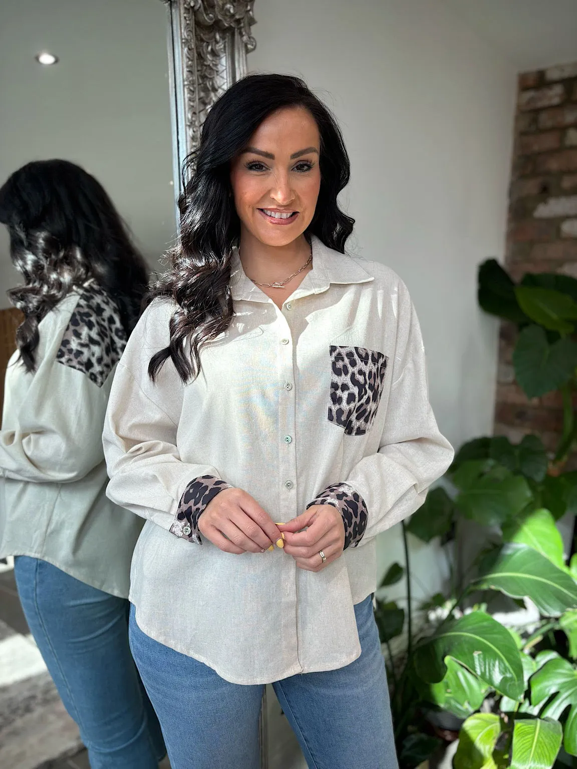 Stone Linen Blend Leopard Trim Shirt Claire