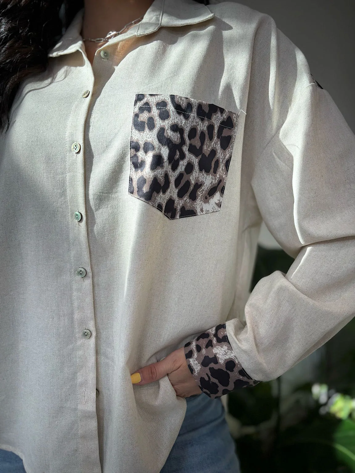 Stone Linen Blend Leopard Trim Shirt Claire