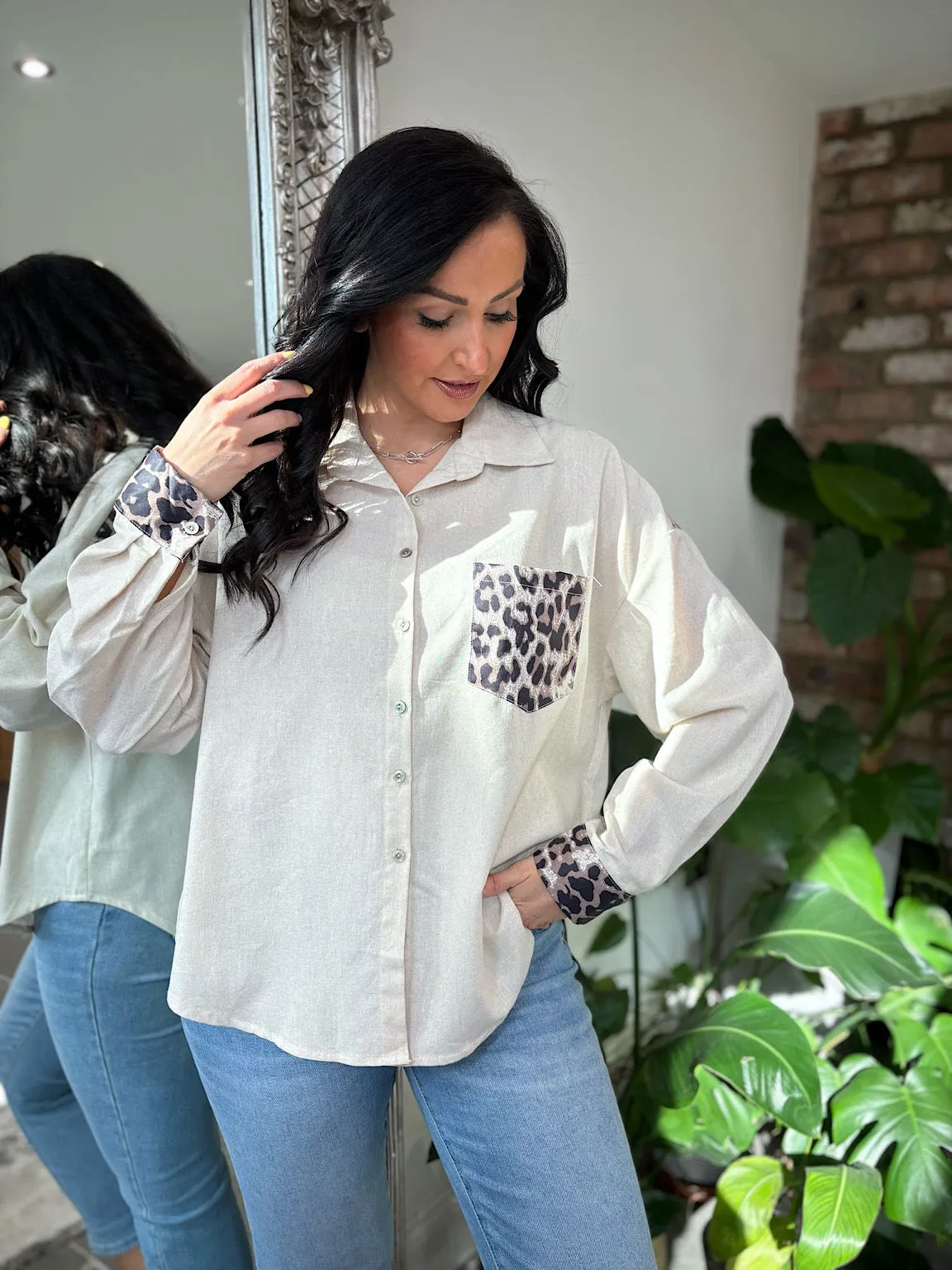 Stone Linen Blend Leopard Trim Shirt Claire