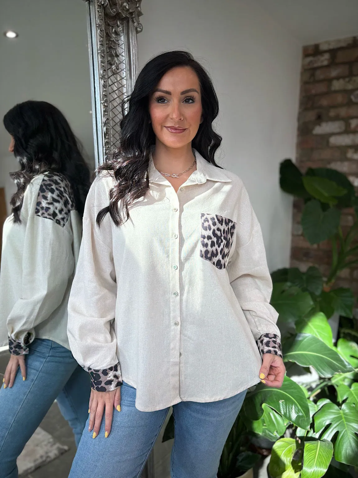 Stone Linen Blend Leopard Trim Shirt Claire