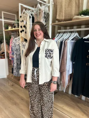 Stone Linen Blend Leopard Trim Shirt Claire