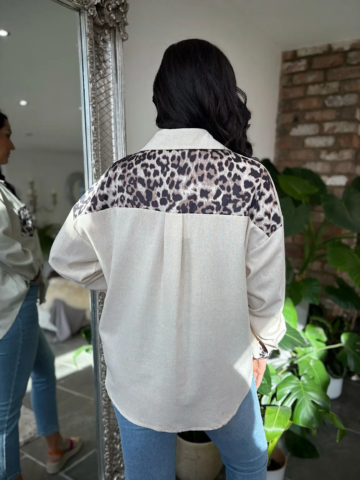 Stone Linen Blend Leopard Trim Shirt Claire