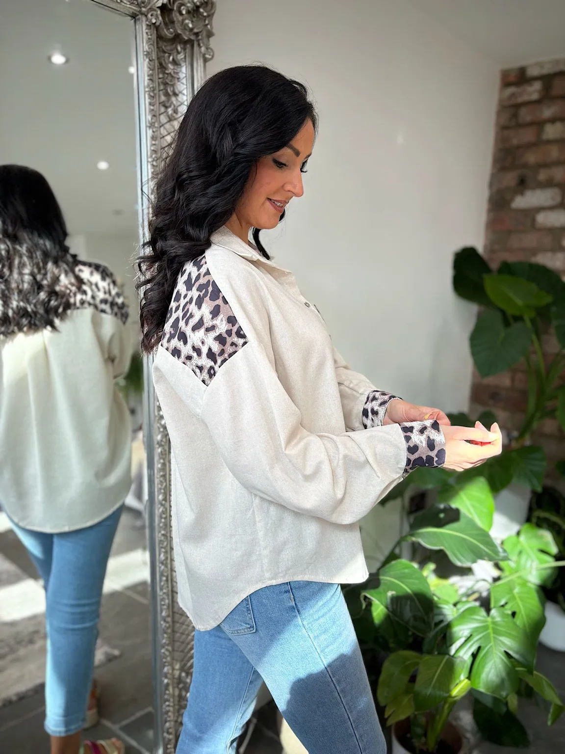 Stone Linen Blend Leopard Trim Shirt Claire