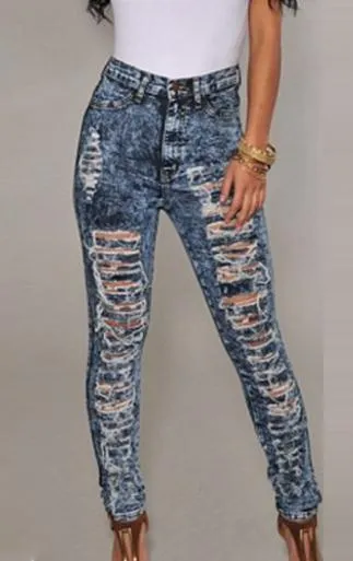Straight Snow White Ripped Holes High Waist Skinny Plus Size Jeans