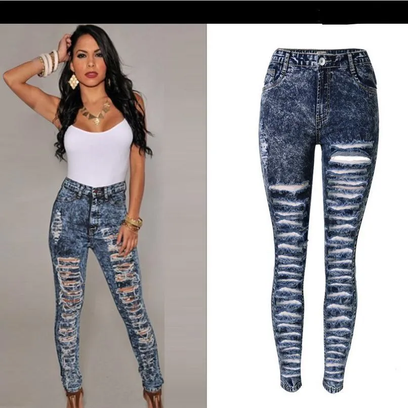Straight Snow White Ripped Holes High Waist Skinny Plus Size Jeans