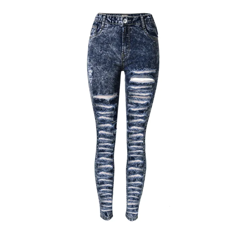Straight Snow White Ripped Holes High Waist Skinny Plus Size Jeans
