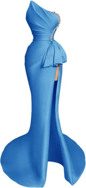 Strapless Evening Gowns 2024 Beaded Satin Ruched Mermaid High Slit Long Prom Dresses for Women