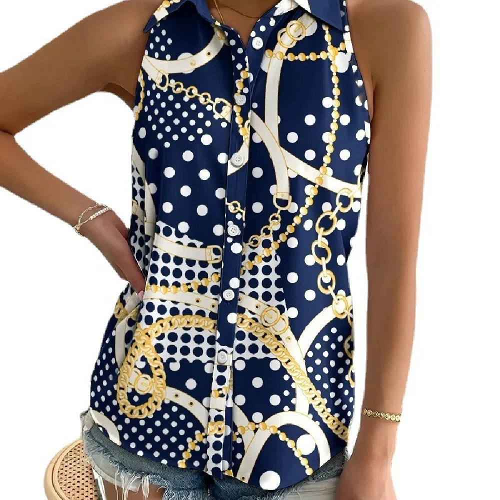 Stylish Strapless Sleeveless Abstract Print Single Breasted Shirt Wholesale Womens Tops