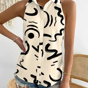 Stylish Strapless Sleeveless Abstract Print Single Breasted Shirt Wholesale Womens Tops