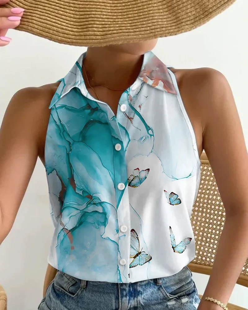 Stylish Strapless Sleeveless Abstract Print Single Breasted Shirt Wholesale Womens Tops
