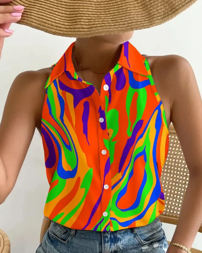Stylish Strapless Sleeveless Abstract Print Single Breasted Shirt Wholesale Womens Tops