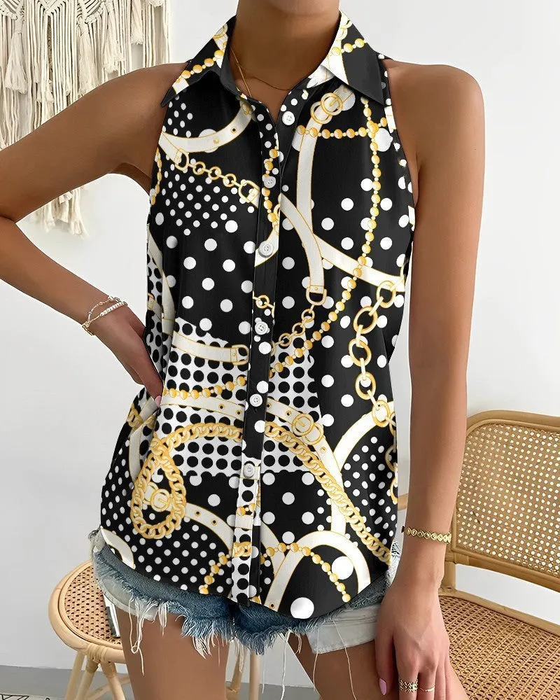 Stylish Strapless Sleeveless Abstract Print Single Breasted Shirt Wholesale Womens Tops