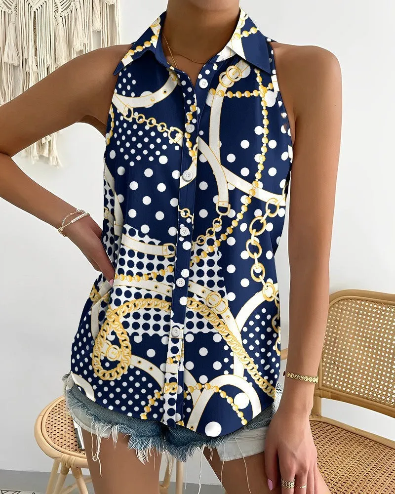 Stylish Strapless Sleeveless Abstract Print Single Breasted Shirt Wholesale Womens Tops