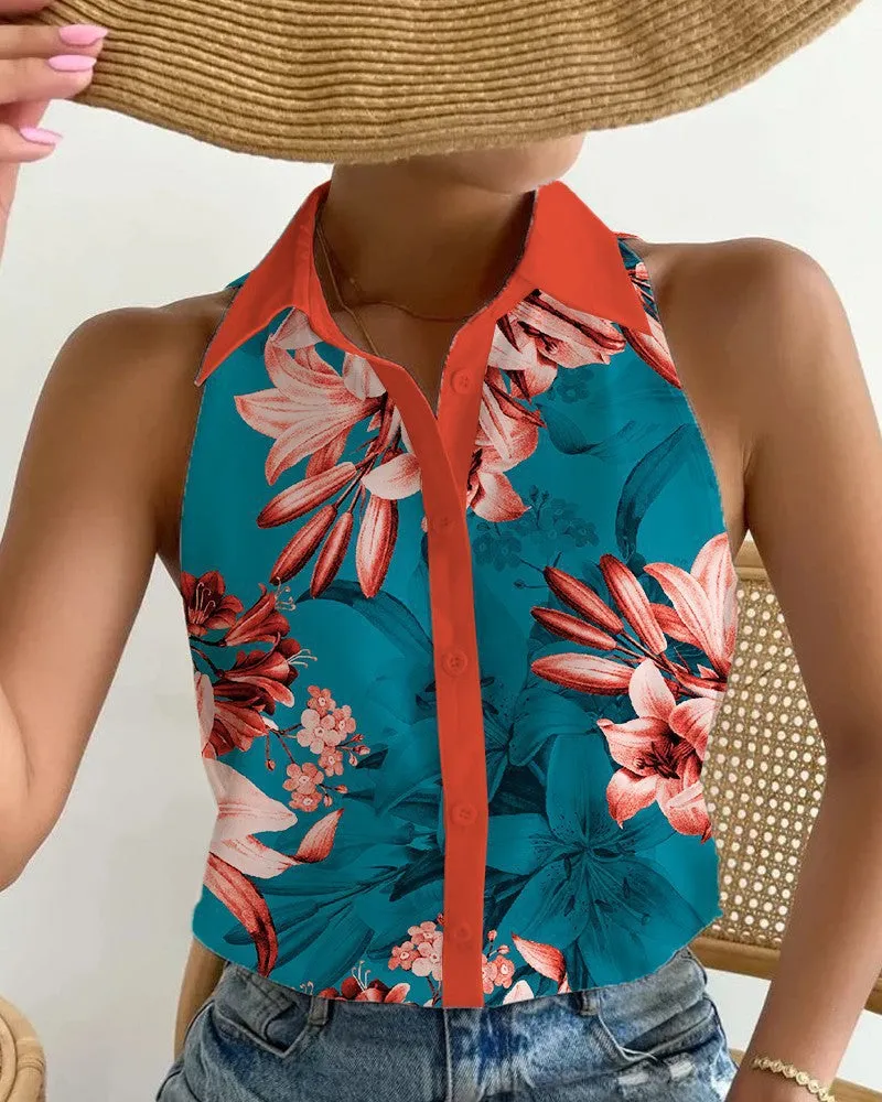 Stylish Strapless Sleeveless Abstract Print Single Breasted Shirt Wholesale Womens Tops