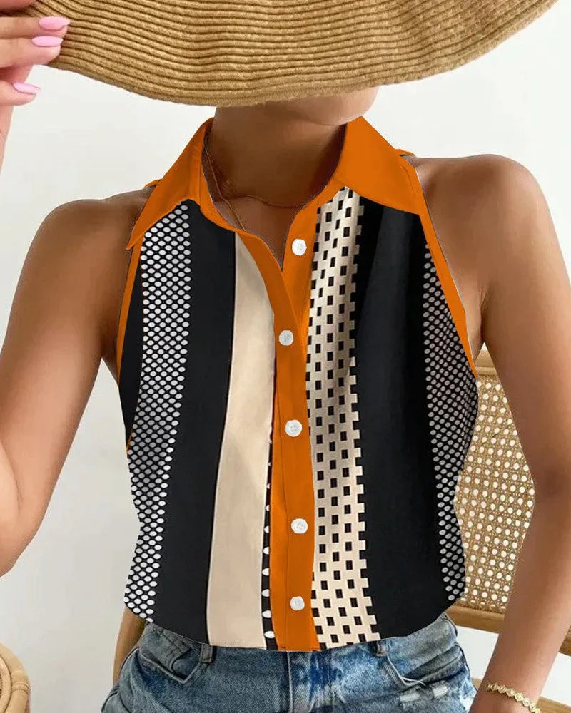 Stylish Strapless Sleeveless Abstract Print Single Breasted Shirt Wholesale Womens Tops