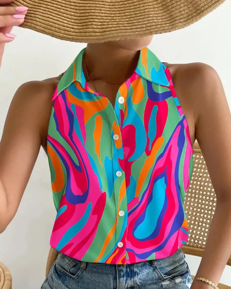 Stylish Strapless Sleeveless Abstract Print Single Breasted Shirt Wholesale Womens Tops