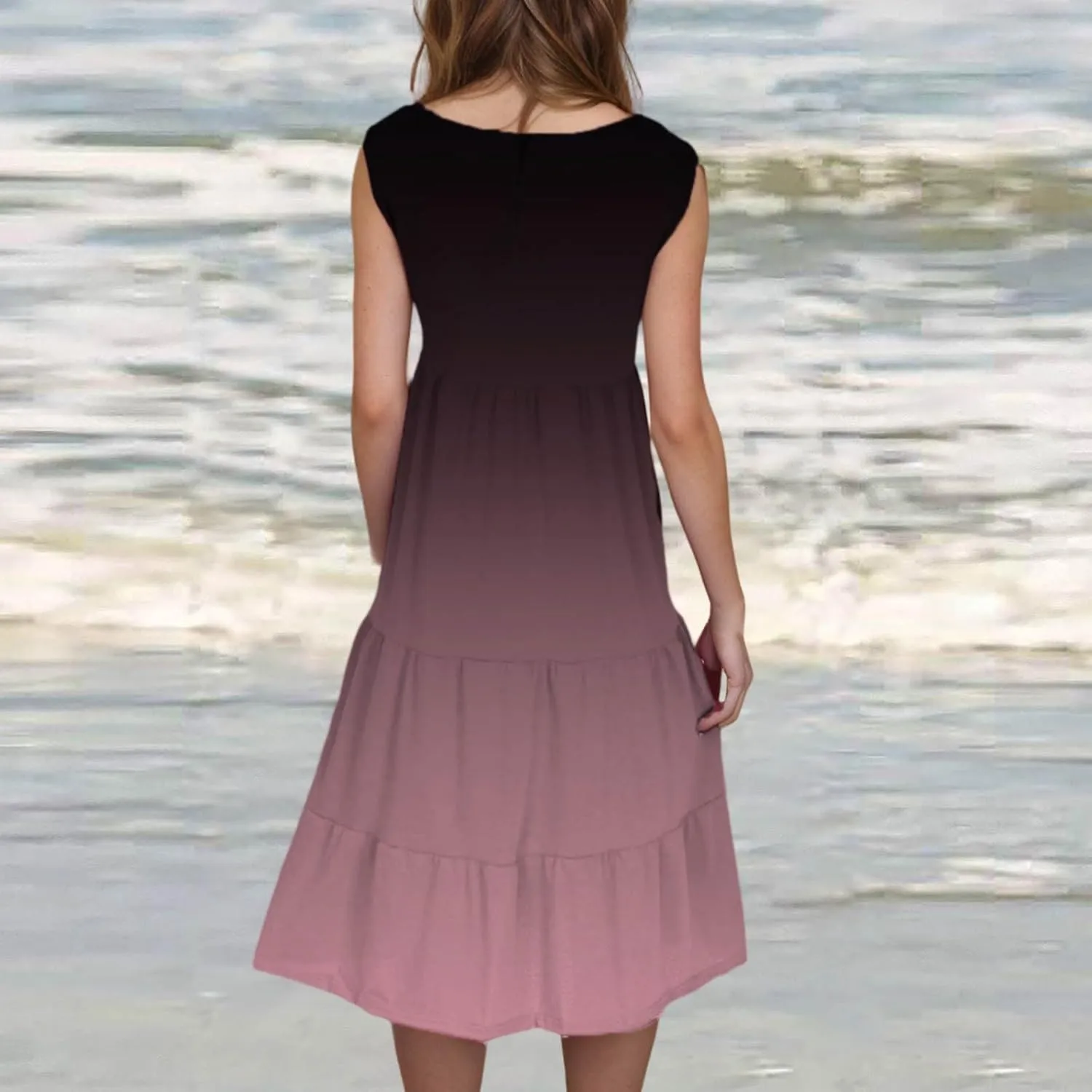 Sundresses for Women Casual Beach 2025 Summer Tank Dress Round Neck Pleated Dresses Plus Size Solid Vacation Sun Dress