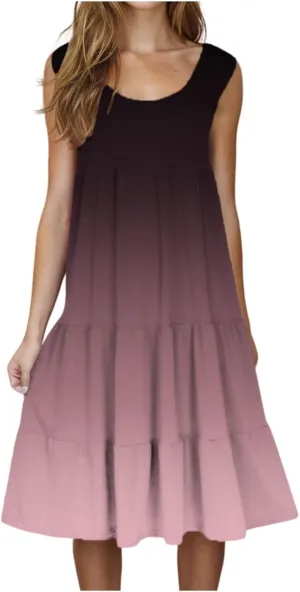 Sundresses for Women Casual Beach 2025 Summer Tank Dress Round Neck Pleated Dresses Plus Size Solid Vacation Sun Dress