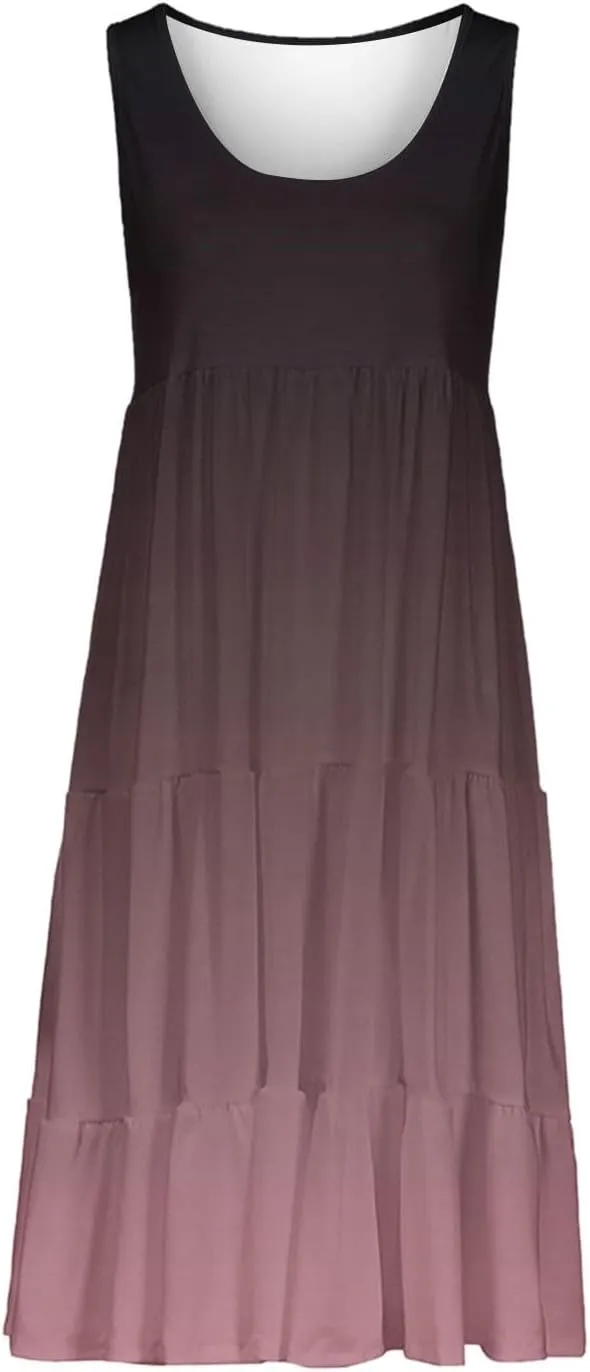 Sundresses for Women Casual Beach 2025 Summer Tank Dress Round Neck Pleated Dresses Plus Size Solid Vacation Sun Dress