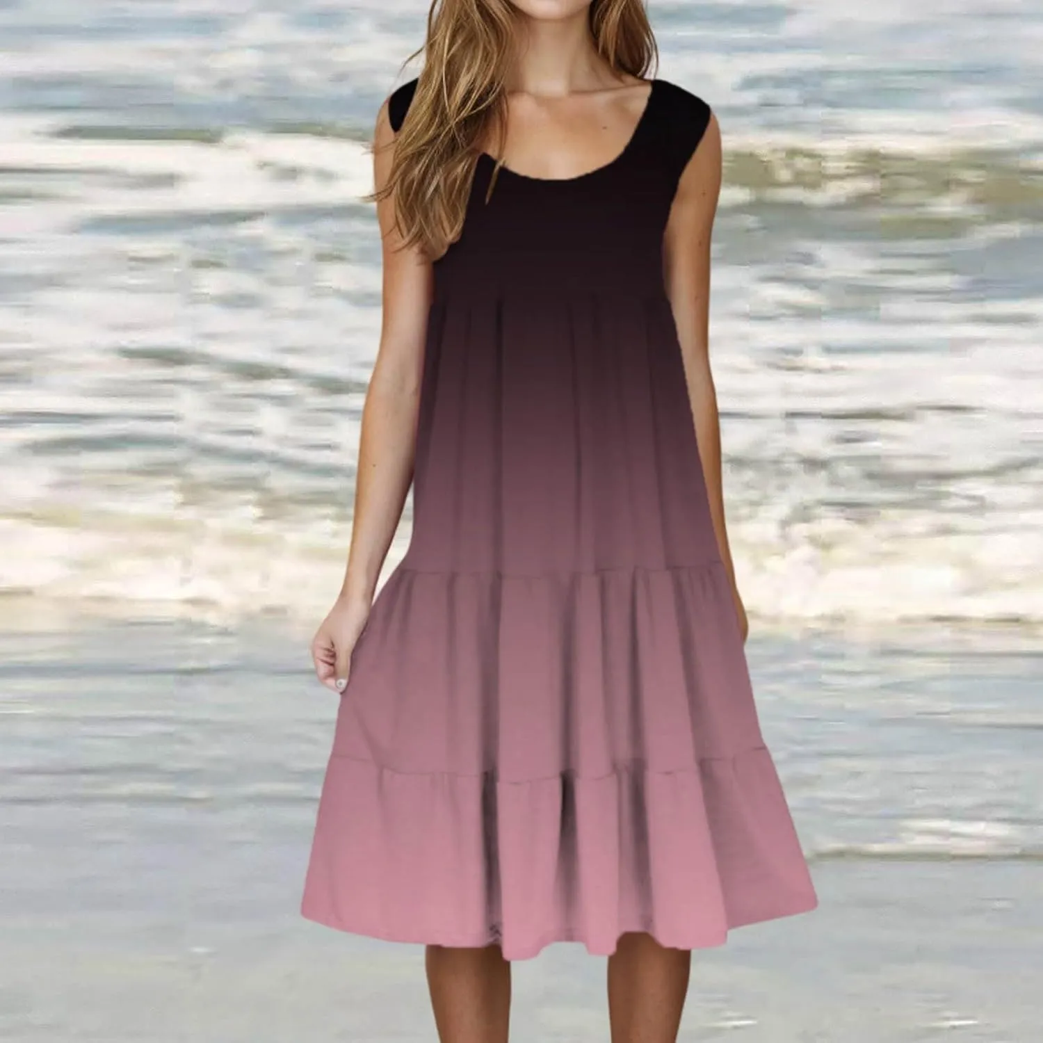 Sundresses for Women Casual Beach 2025 Summer Tank Dress Round Neck Pleated Dresses Plus Size Solid Vacation Sun Dress