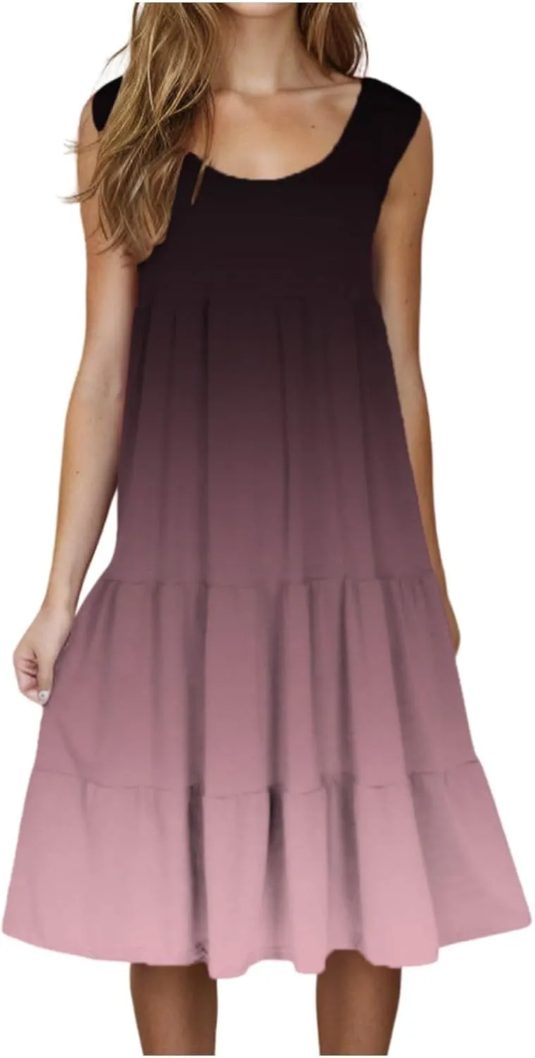Sundresses for Women Casual Beach 2025 Summer Tank Dress Round Neck Pleated Dresses Plus Size Solid Vacation Sun Dress