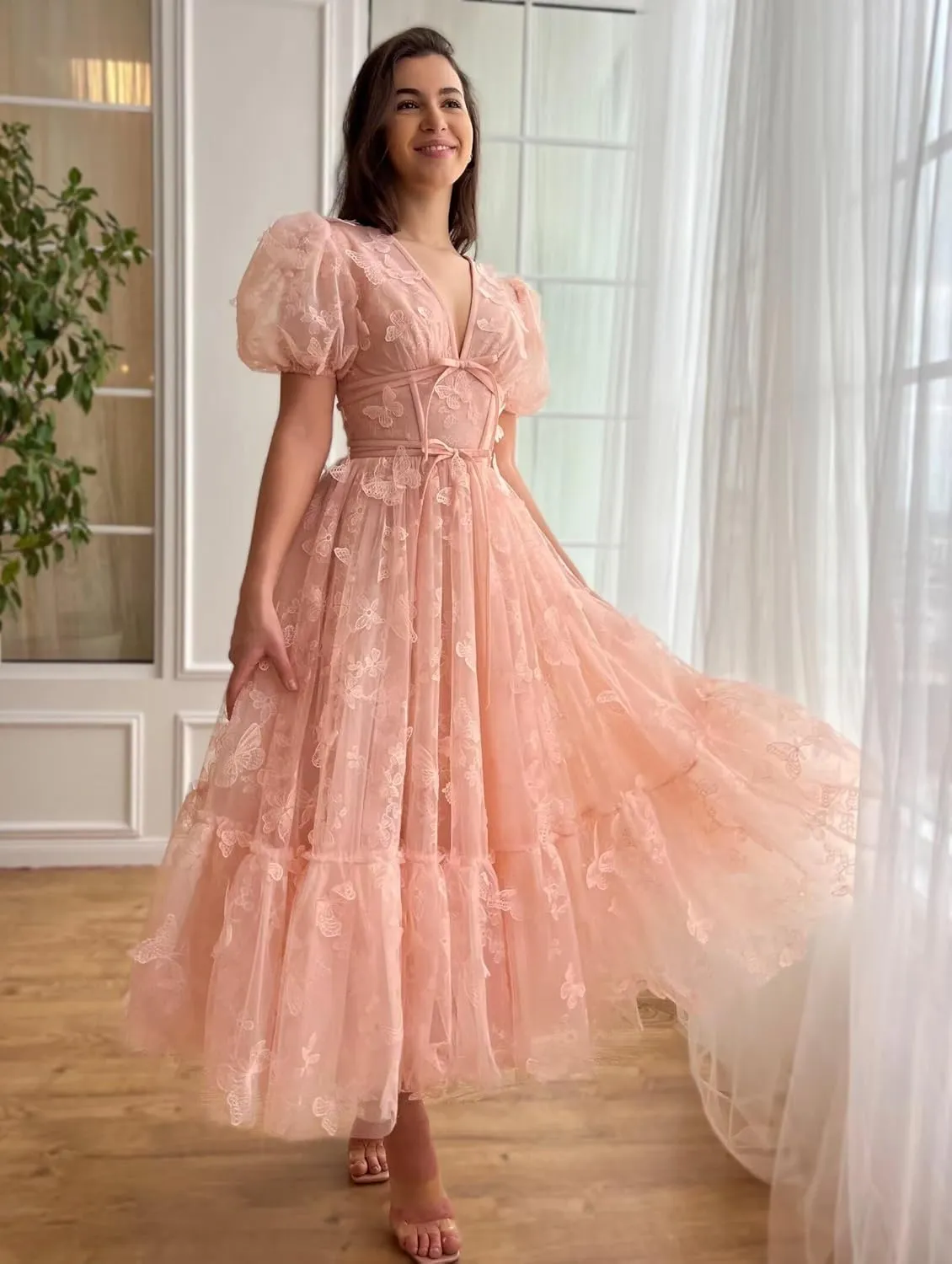 Tulle Prom Dresses Tea Length Formal Party Dress Tulle 3D Butterfly Embroidery Princess Evening Gowns with Sleeves
