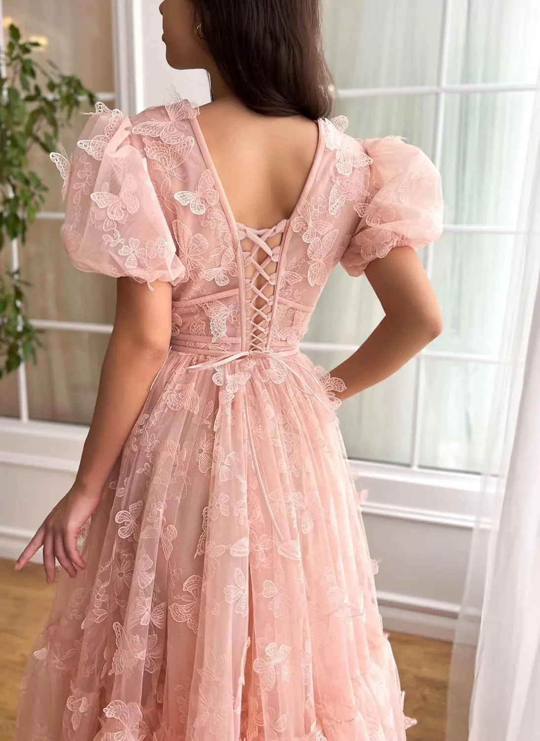 Tulle Prom Dresses Tea Length Formal Party Dress Tulle 3D Butterfly Embroidery Princess Evening Gowns with Sleeves