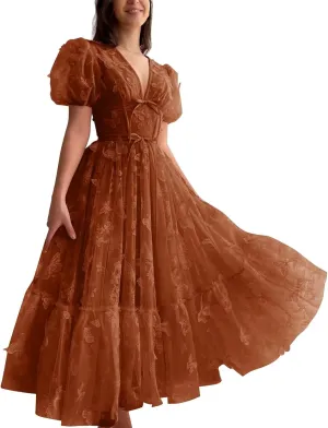 Tulle Prom Dresses Tea Length Formal Party Dress Tulle 3D Butterfly Embroidery Princess Evening Gowns with Sleeves