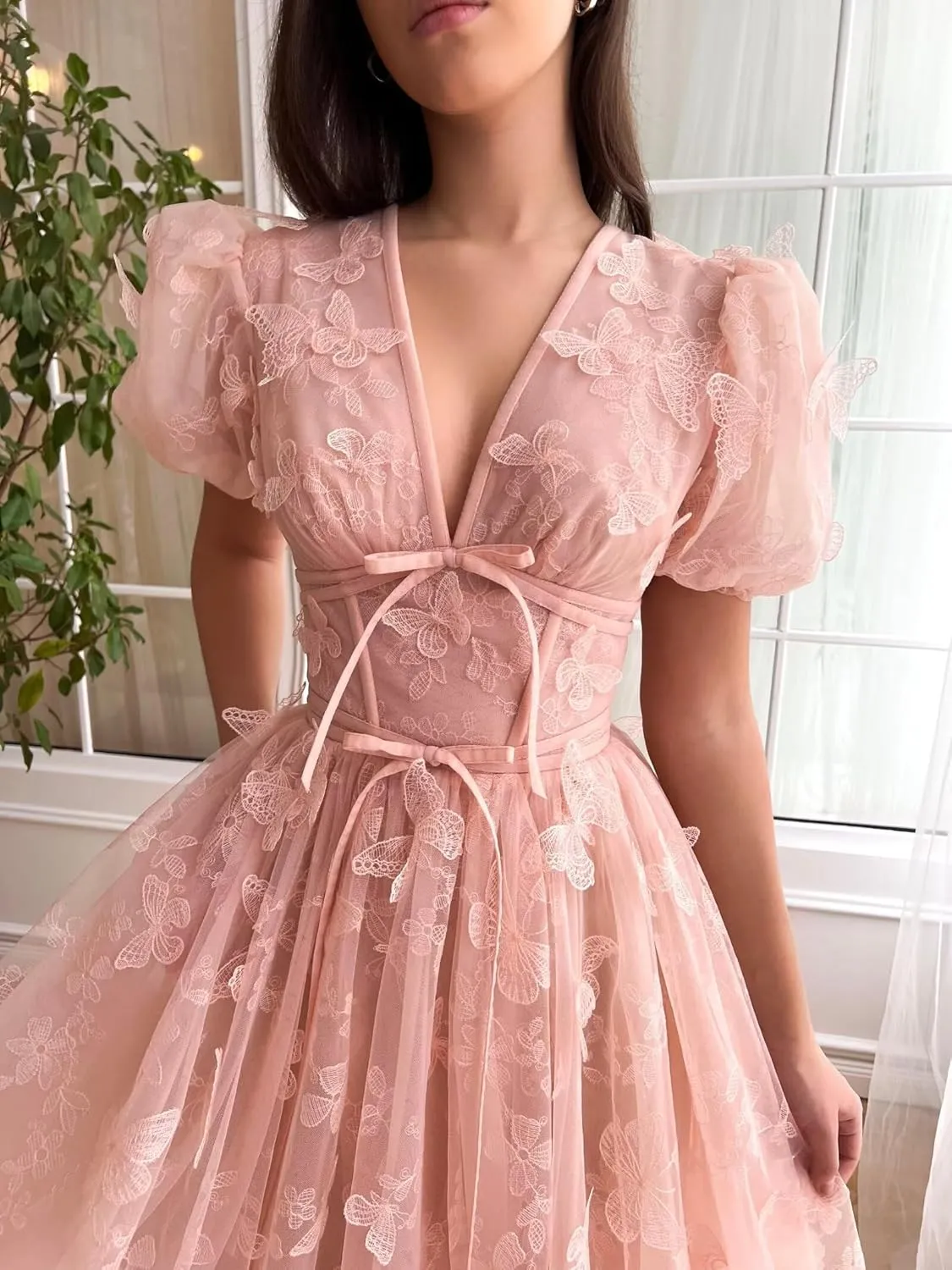 Tulle Prom Dresses Tea Length Formal Party Dress Tulle 3D Butterfly Embroidery Princess Evening Gowns with Sleeves