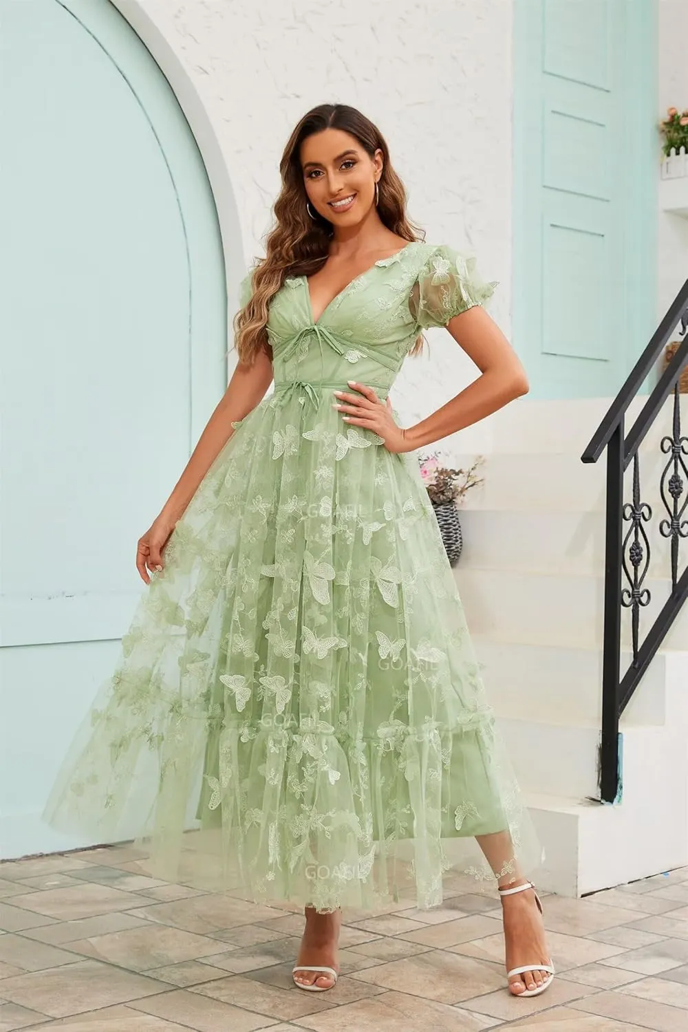 Tulle Prom Dresses Tea Length Formal Party Dress Tulle 3D Butterfly Embroidery Princess Evening Gowns with Sleeves