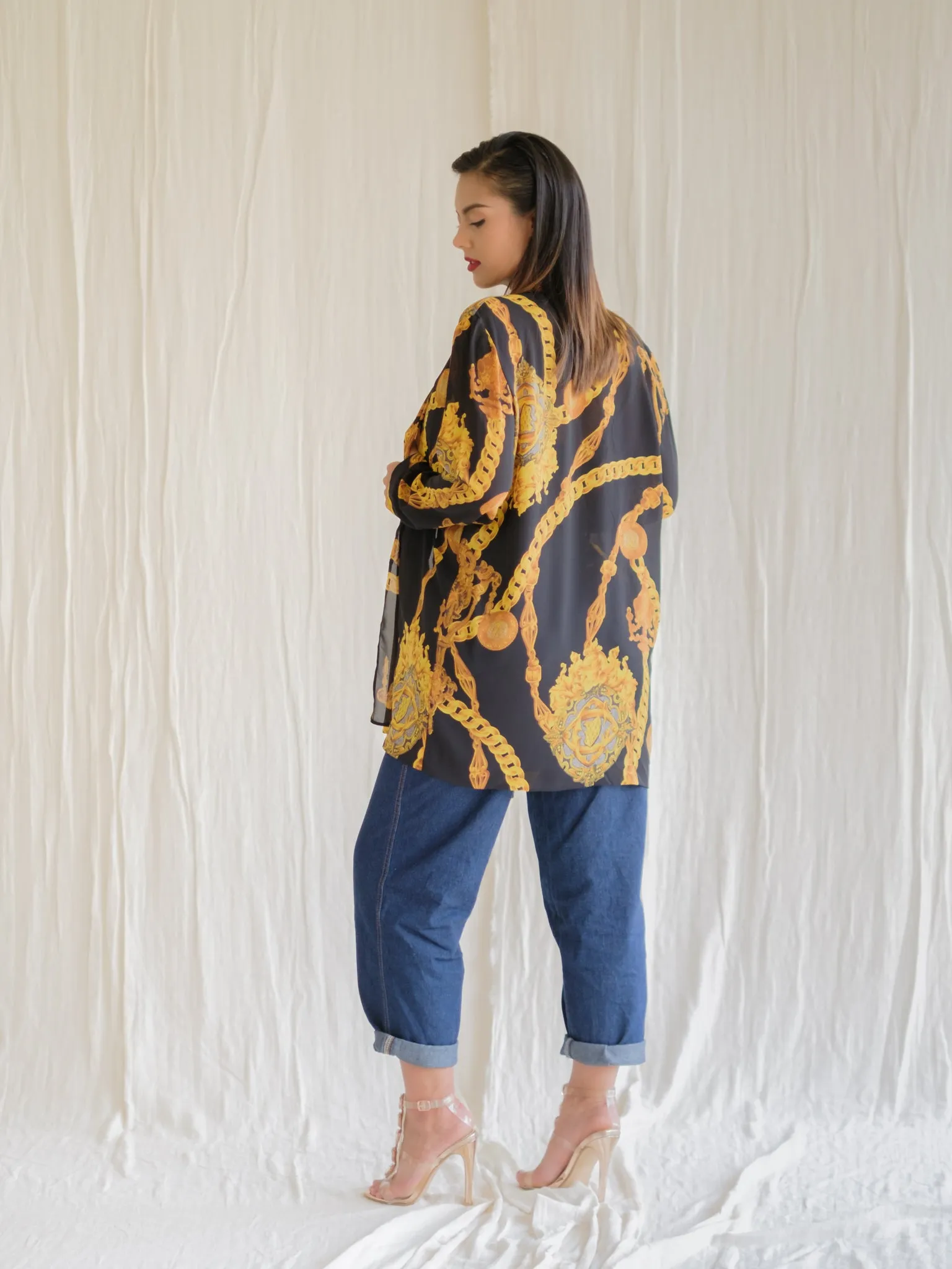 Vintage Gold Medallion Print Collared Black Blouse