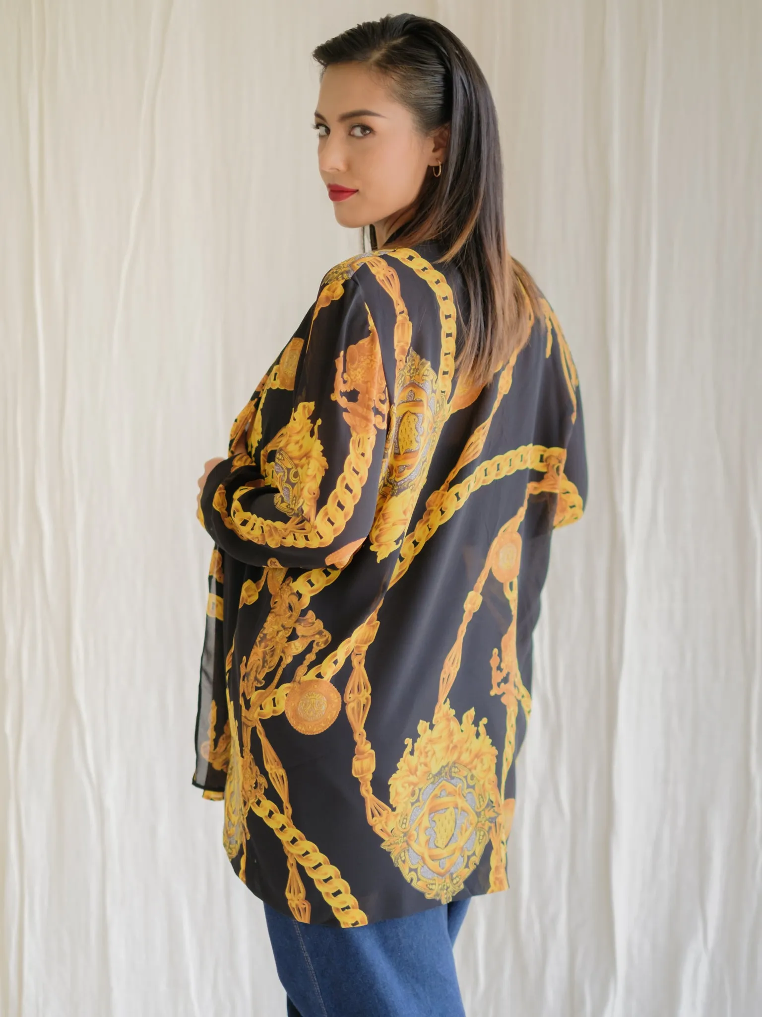 Vintage Gold Medallion Print Collared Black Blouse