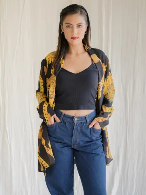 Vintage Gold Medallion Print Collared Black Blouse