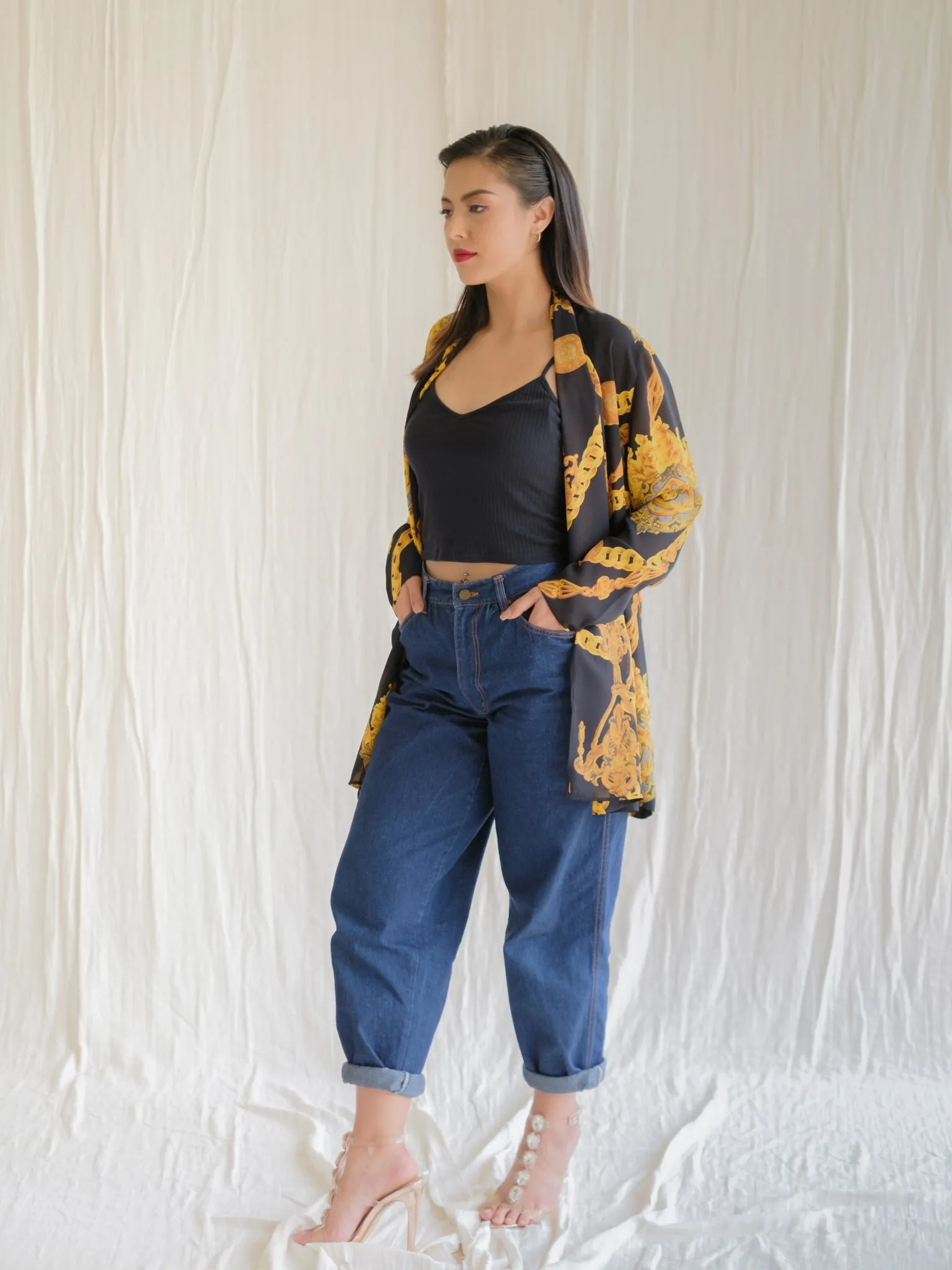 Vintage Gold Medallion Print Collared Black Blouse