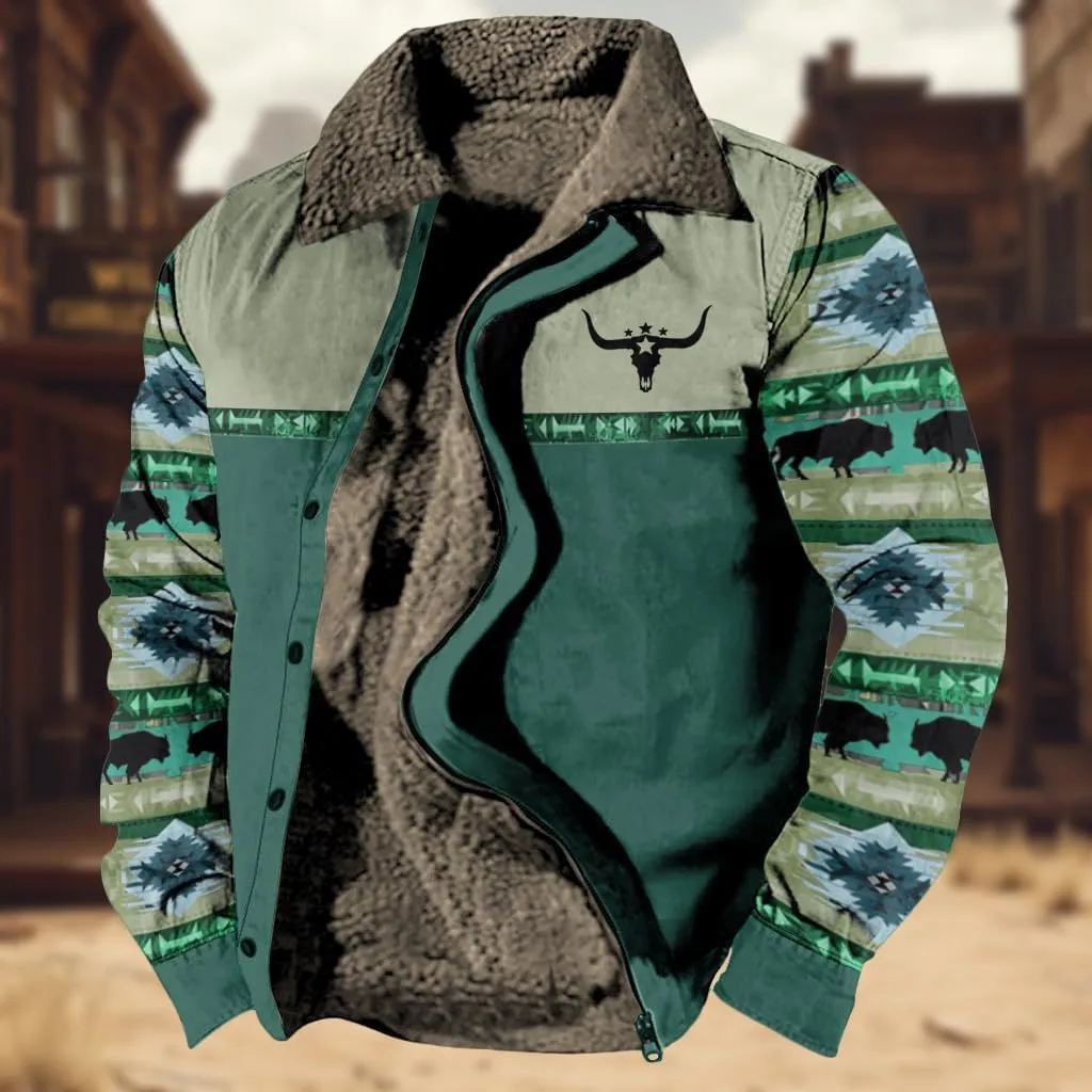 Western Aztec Jackets for Men Fleece Cowboy Shirt Jackets Cow Skull Graphic Coats Long Sleeve Jackets with Pocket