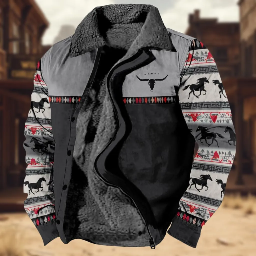 Western Aztec Jackets for Men Fleece Cowboy Shirt Jackets Cow Skull Graphic Coats Long Sleeve Jackets with Pocket