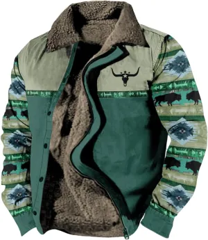 Western Aztec Jackets for Men Fleece Cowboy Shirt Jackets Cow Skull Graphic Coats Long Sleeve Jackets with Pocket