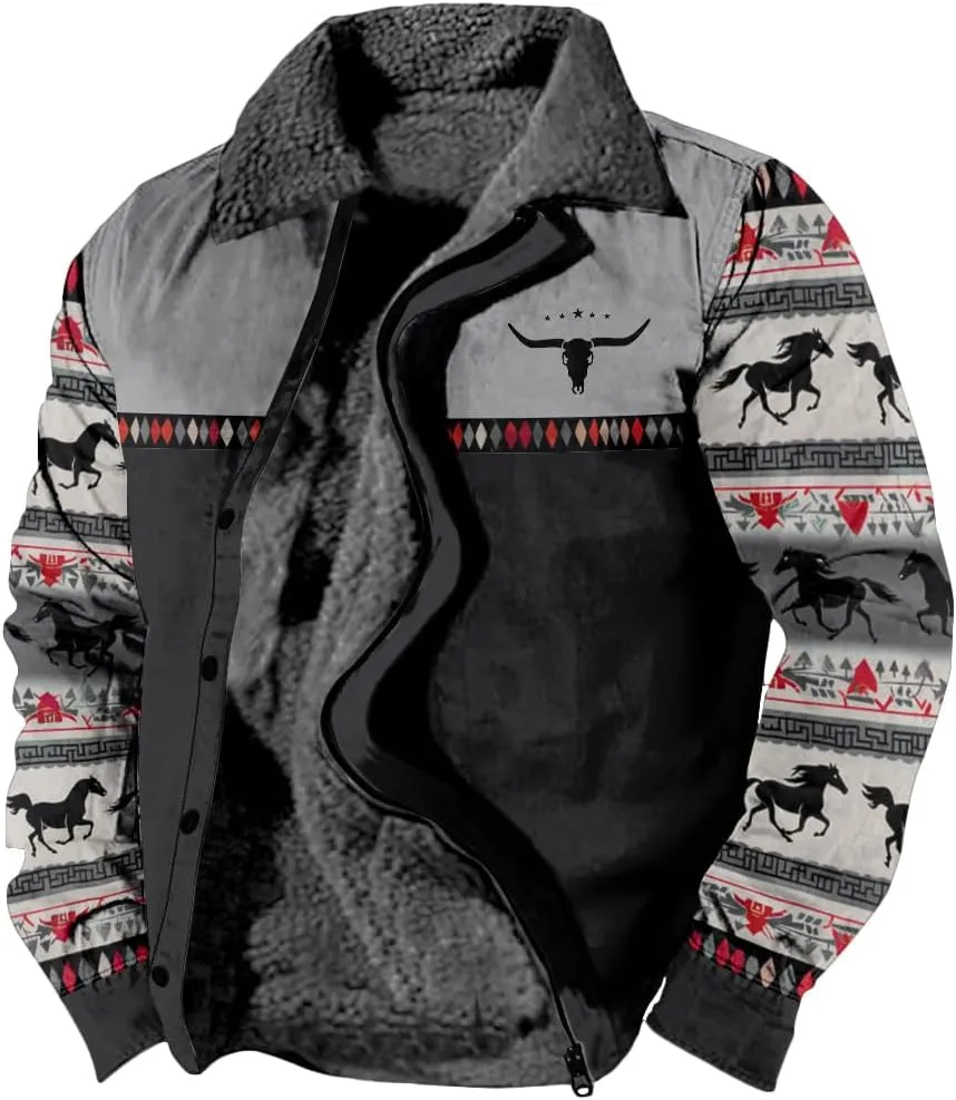 Western Aztec Jackets for Men Fleece Cowboy Shirt Jackets Cow Skull Graphic Coats Long Sleeve Jackets with Pocket