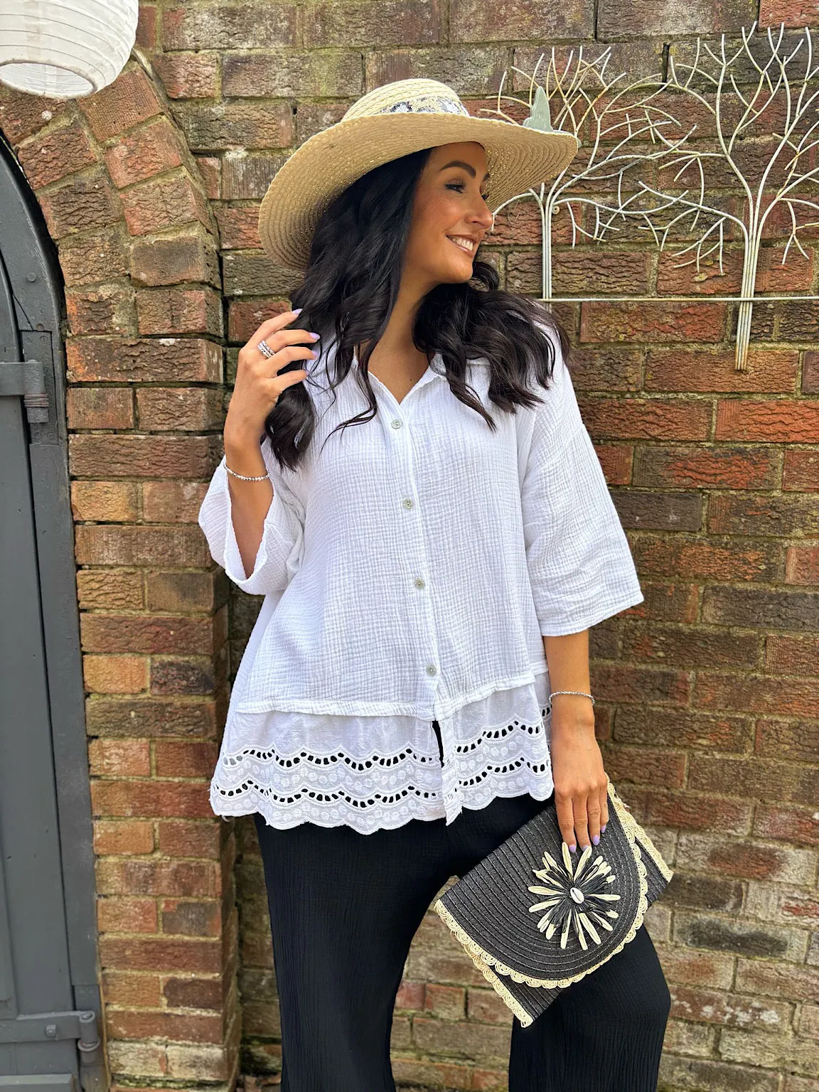 White Embroidered Bubble Cotton Blouse Tess