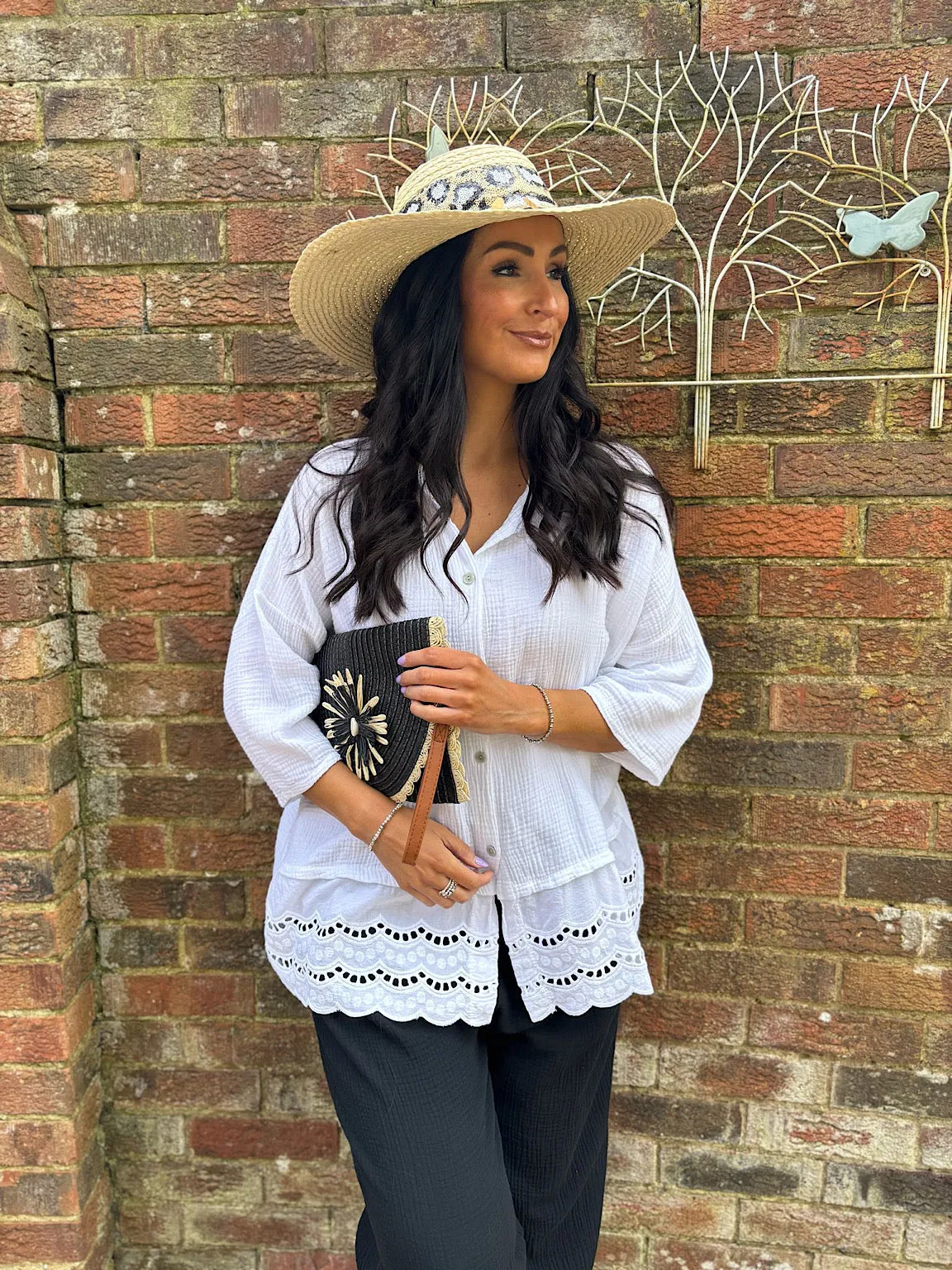 White Embroidered Bubble Cotton Blouse Tess