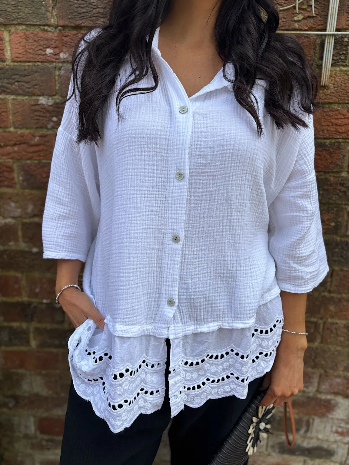 White Embroidered Bubble Cotton Blouse Tess