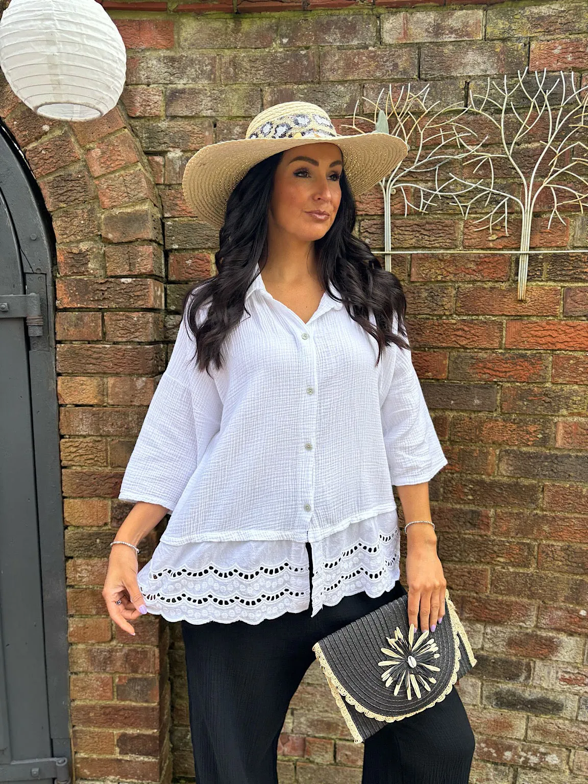 White Embroidered Bubble Cotton Blouse Tess