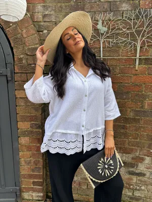 White Embroidered Bubble Cotton Blouse Tess