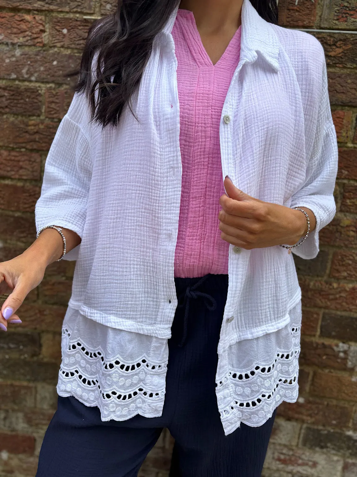 White Embroidered Bubble Cotton Blouse Tess