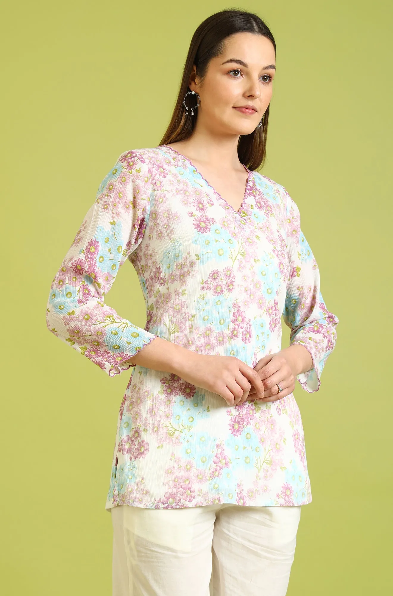 White Floral Printed Cotton Crinkle Crepe Ethnic Top