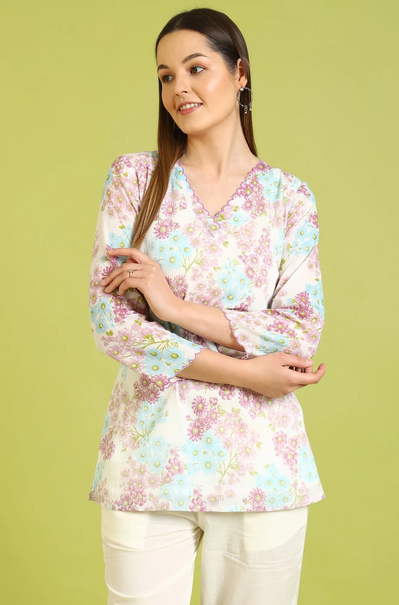 White Floral Printed Cotton Crinkle Crepe Ethnic Top
