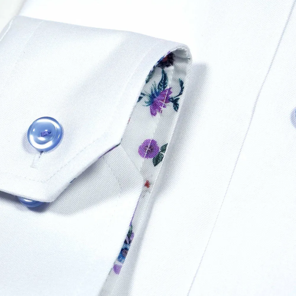 White Floral Trim Signature Twill Slim Fit Shirt
