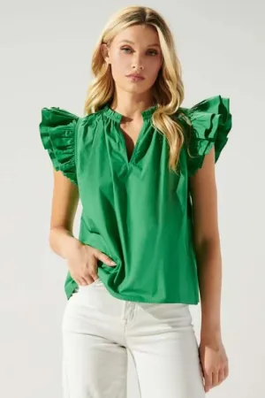 WHITE Risette Ruffle Cap Sleeve Split Neck Top