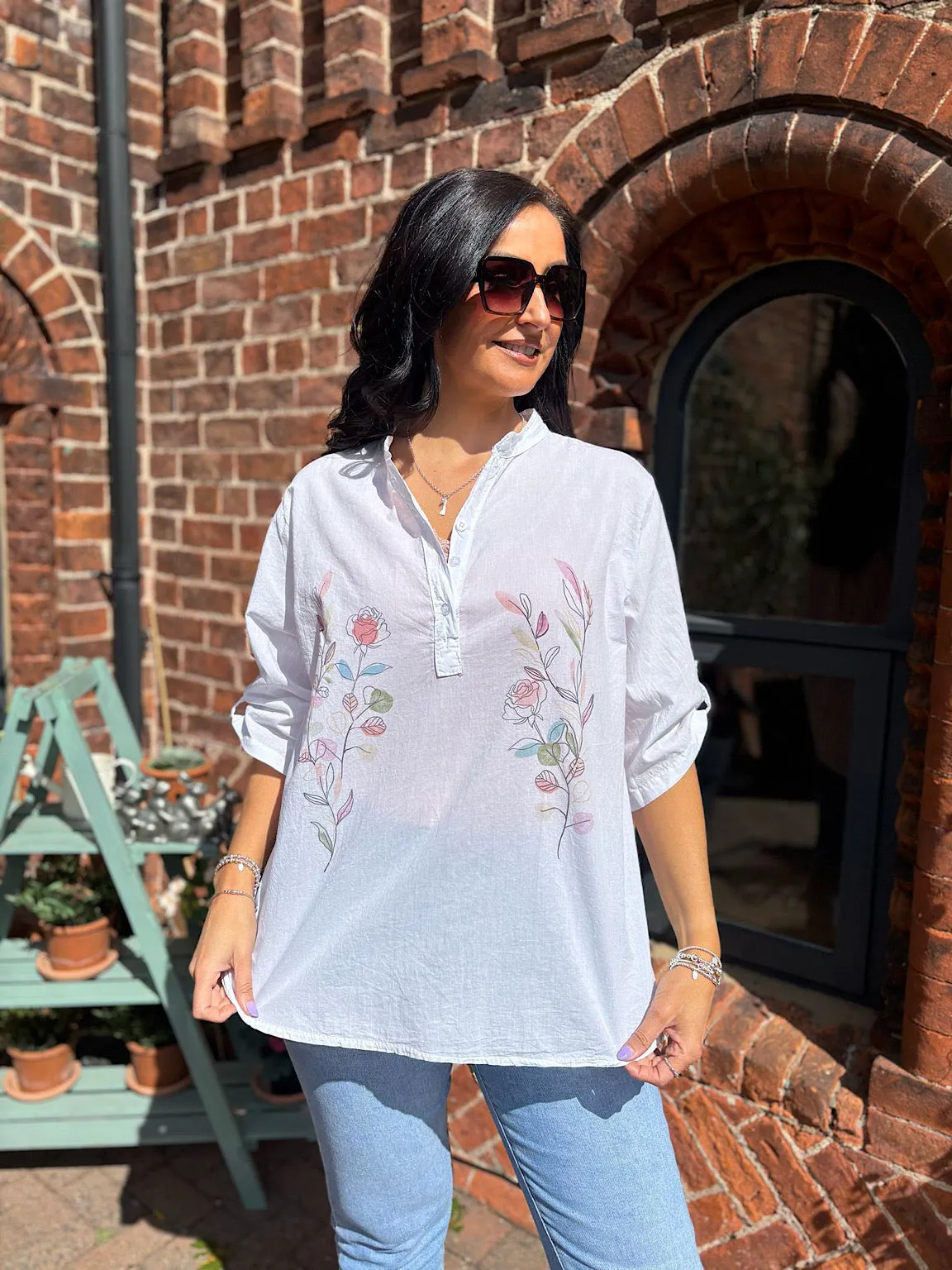 White Sketched Rose Blouse Fran